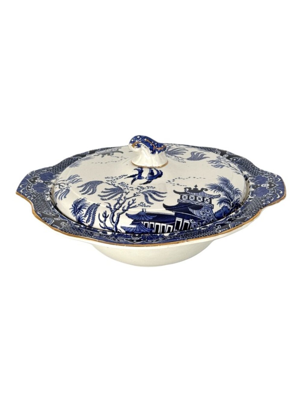 Burleigh Ware Blue Willow Covered Vegetable Bowl Dinnerware Tableware UK 10 inch